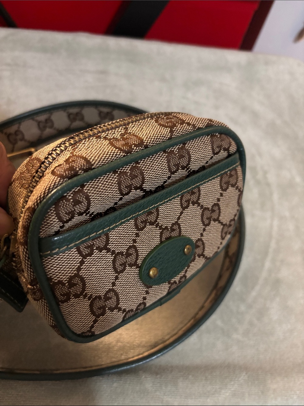 Gucci Beige GG Canvas Double Pouch Belt Bag with Green Trim - Picture 4 of 6
